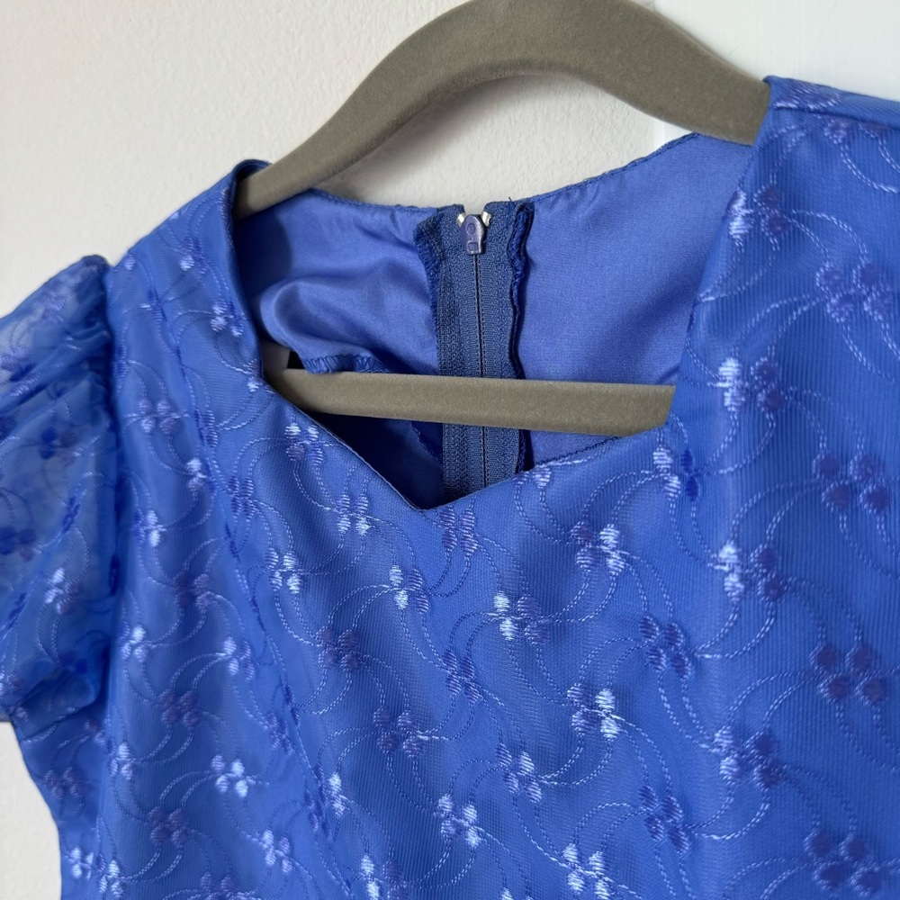 Vintage Allison Ann Floral Blue Dress Size 7 Puff Sleeves 80s 90s Retro Fancy - Picture 2 of 13